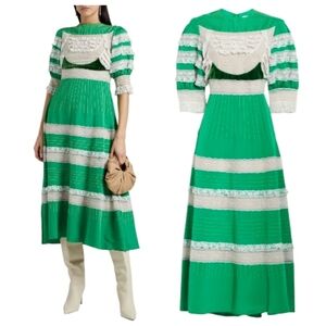 Valentino ruffled tulle and velvet-paneled silk-twill midi dress, Emerald Green